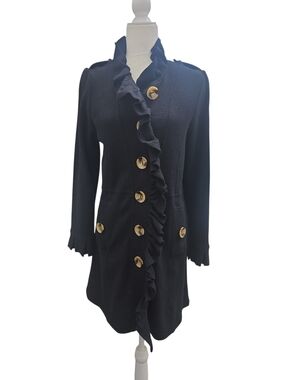 LUII ANTHROPOLOGIE BLack Ruffle-Front Pea pressed Wool Coat with Buttons Long L
